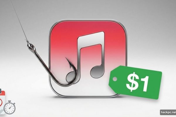 Apple Music logo with one dollar price tag and fishing hook symbolizing subscription trap