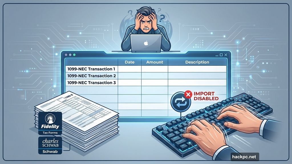 Manual data entry required for stock trades and business income