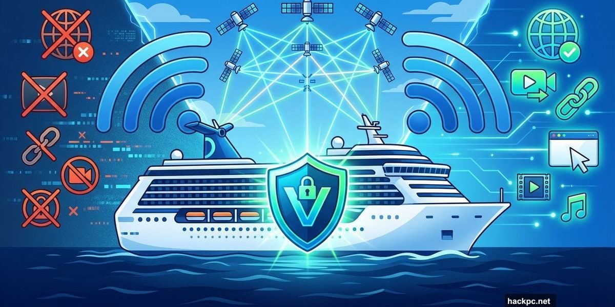 Cruise ship with VPN shield and satellite internet connectivity