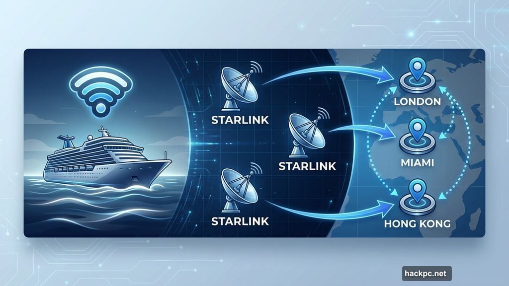 Starlink satellite technology routes cruise traffic through multiple ground stations
