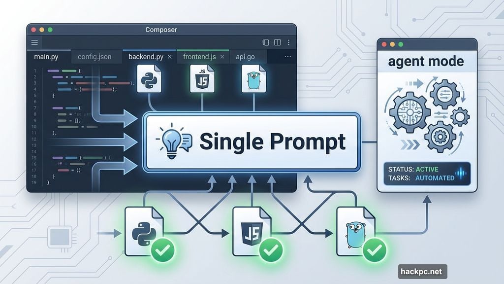 Cursor agent mode rewrites three files with single prompt execution