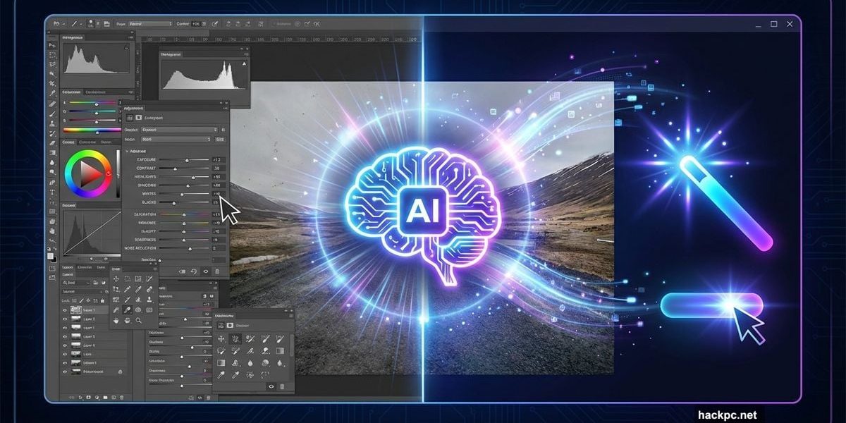 AI brain icon between complex and simple photo editing interfaces