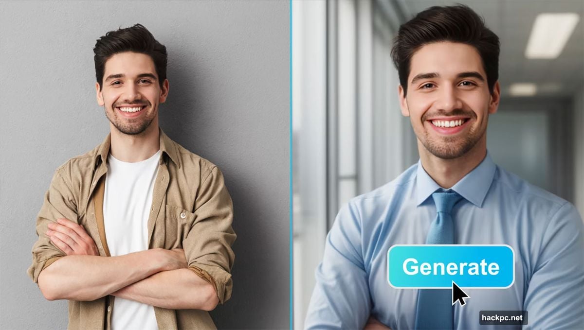 Business Outfit function adds professional clothing to casual photos