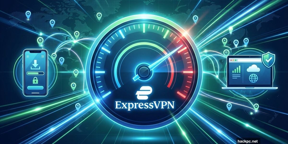 ExpressVPN speedometer with maximum speed showing mobile and desktop devices