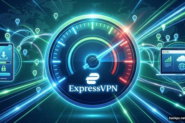 ExpressVPN speedometer with maximum speed showing mobile and desktop devices