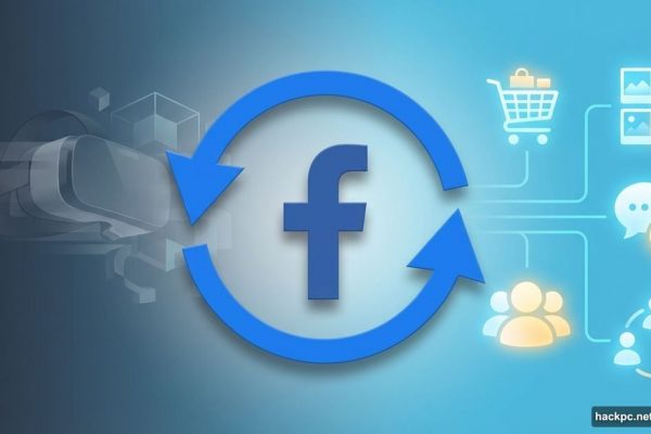 Facebook logo with U-turn arrow, metaverse fading, social features highlighted