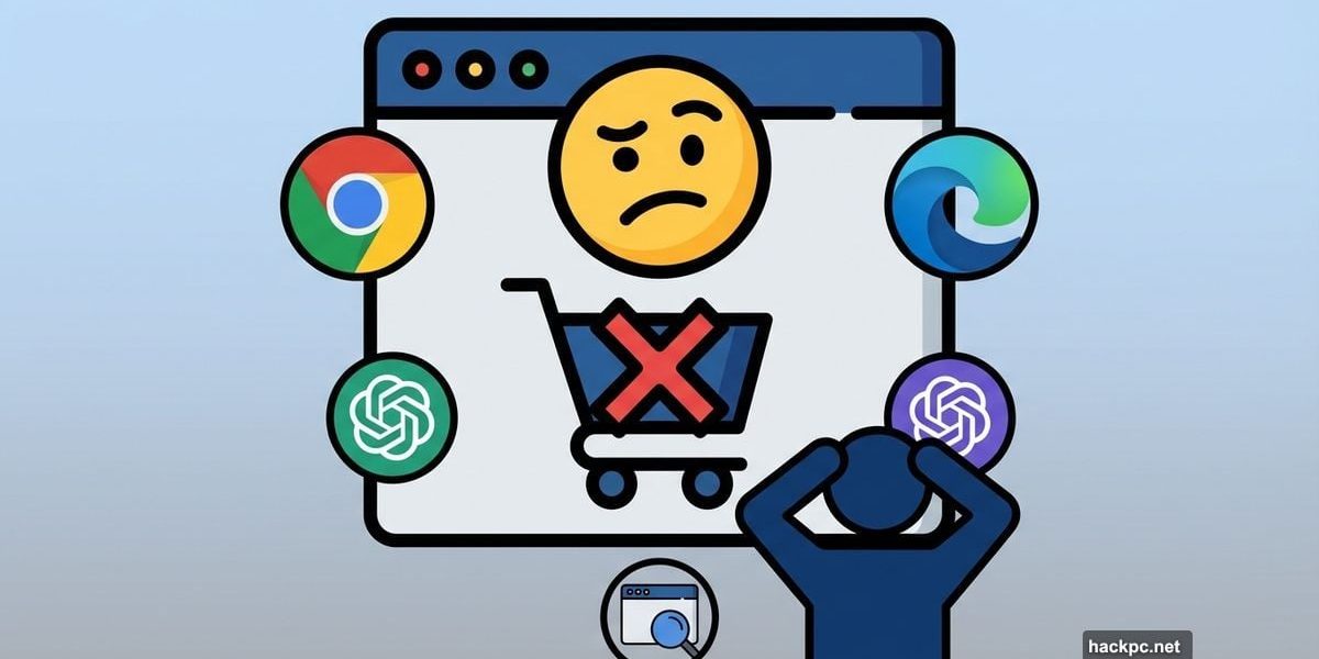 Browser window with error symbol surrounded by five AI browser logos