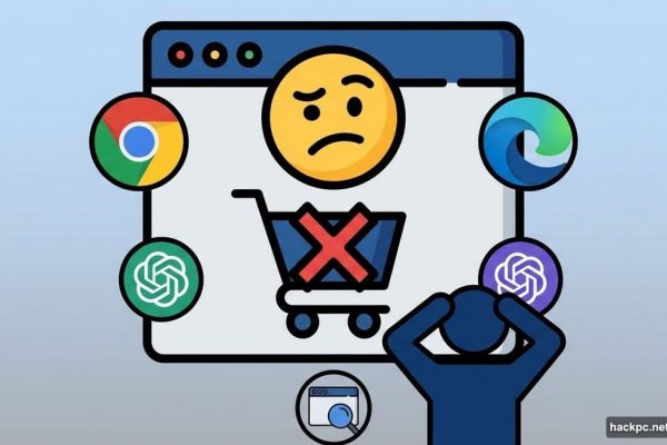 Browser window with error symbol surrounded by five AI browser logos