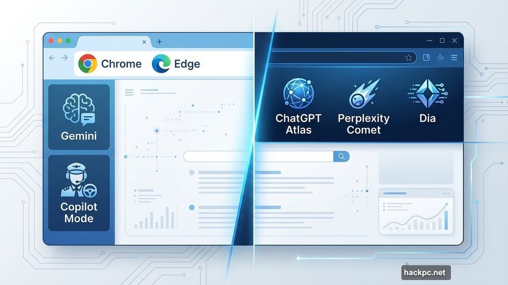 Two categories of AI browsers: traditional with chatbots versus specialized