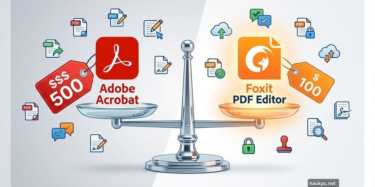 Balanced scale comparing Adobe Acrobat and Foxit PDF Editor costs