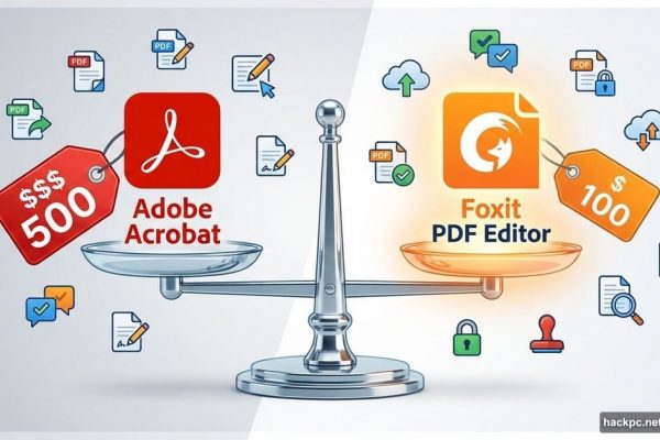 Balanced scale comparing Adobe Acrobat and Foxit PDF Editor costs