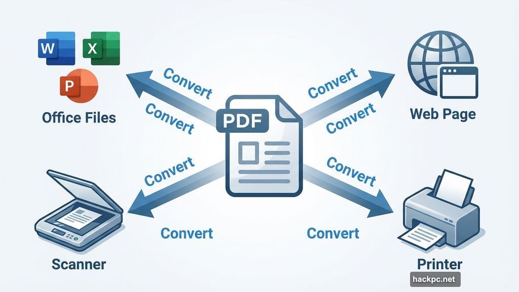 PDF creation handles Office files, web pages, and scanned documents