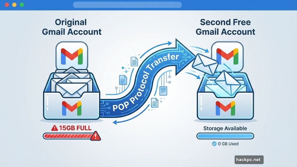 Transfer emails to second account using POP protocol automatically