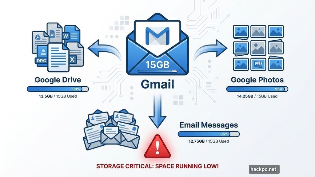 Gmail's 15GB storage shared across Drive, Photos, and email