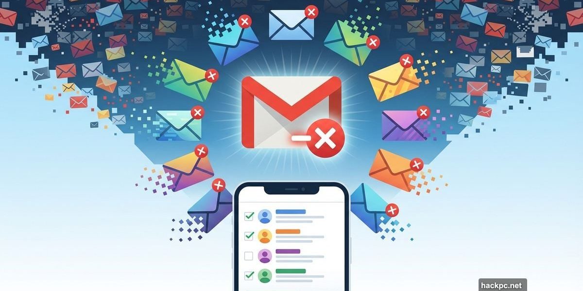 Gmail logo surrounded by promotional emails being batch unsubscribed and removed