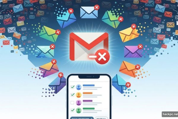 Gmail logo surrounded by promotional emails being batch unsubscribed and removed
