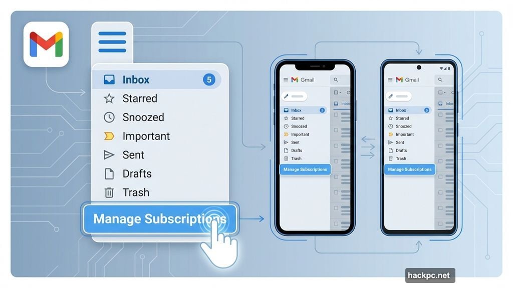 Manage Subscriptions location in Gmail mobile app sidebar menu