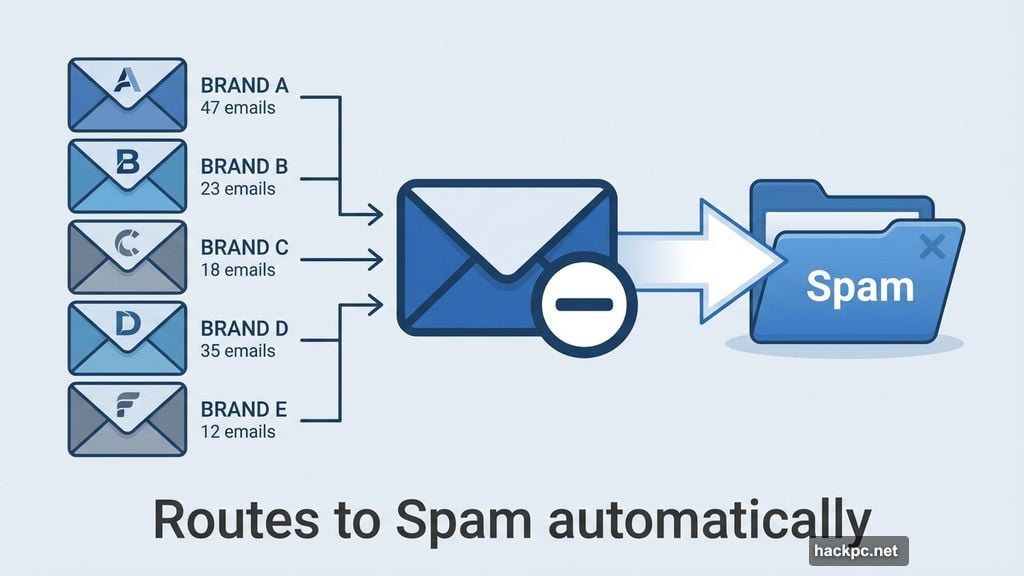 Gmail organizes senders by frequency and routes unsubscribed emails to Spam