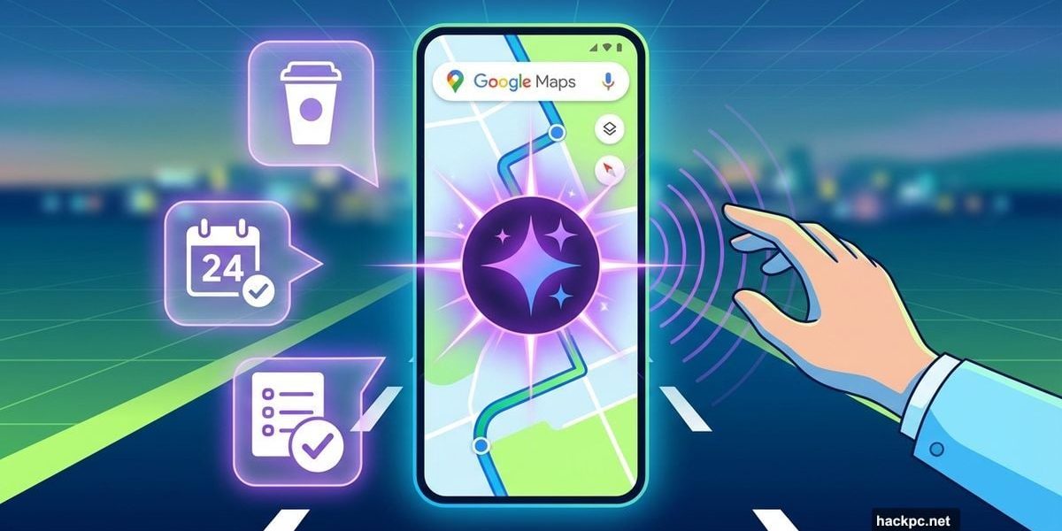 Google Maps smartphone with Gemini AI overlay and voice command visualization