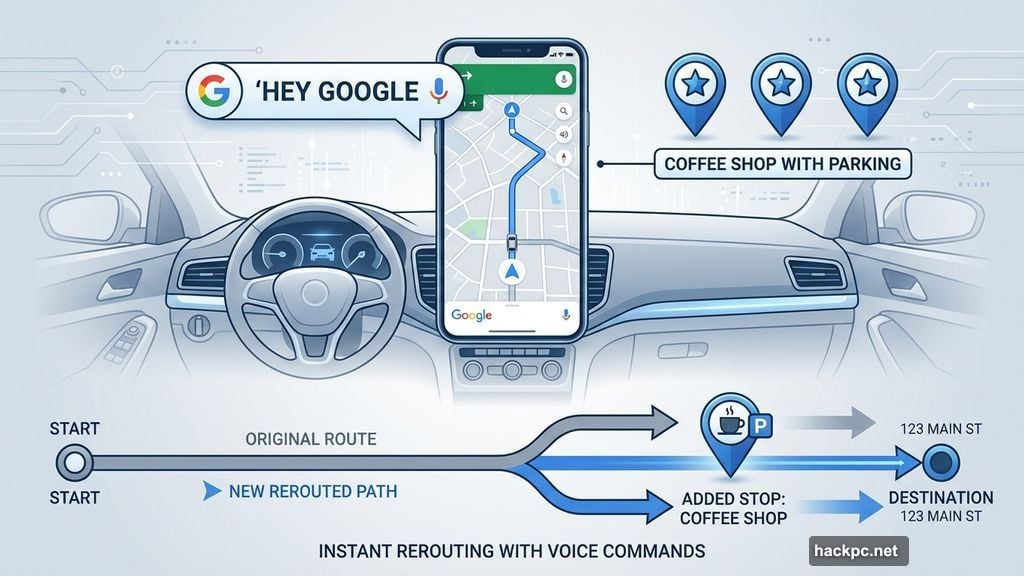 Voice commands find options and reroute instantly without touching phone