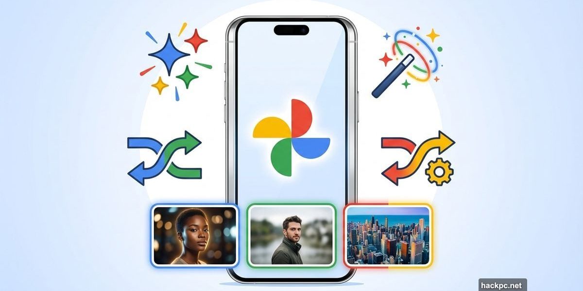 Google Photos app with AI editing tools and enhanced photo examples
