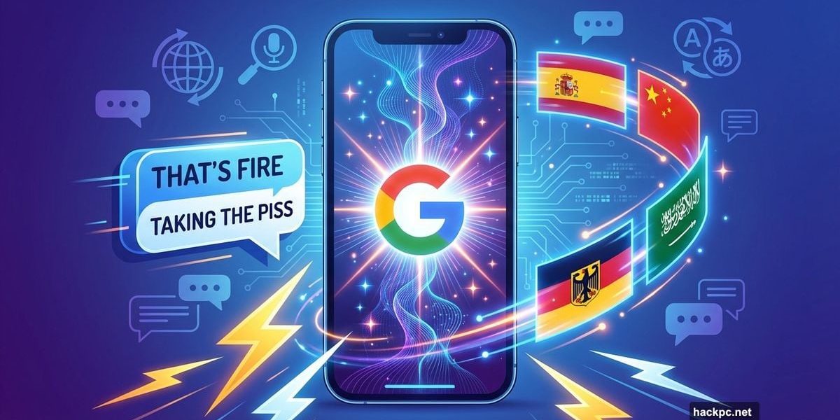 Google Translate logo on smartphone with slang phrases and language flags