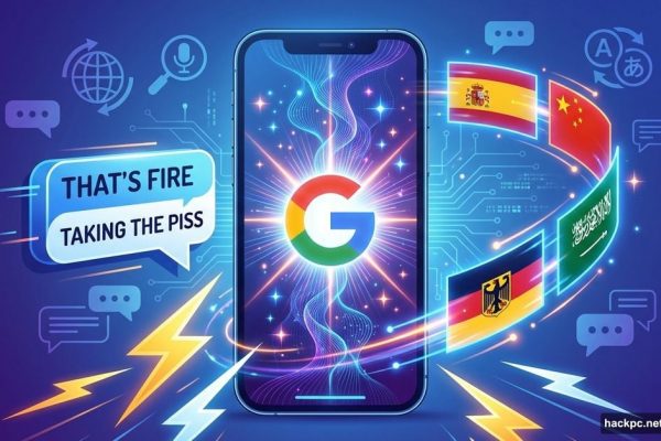 Google Translate logo on smartphone with slang phrases and language flags