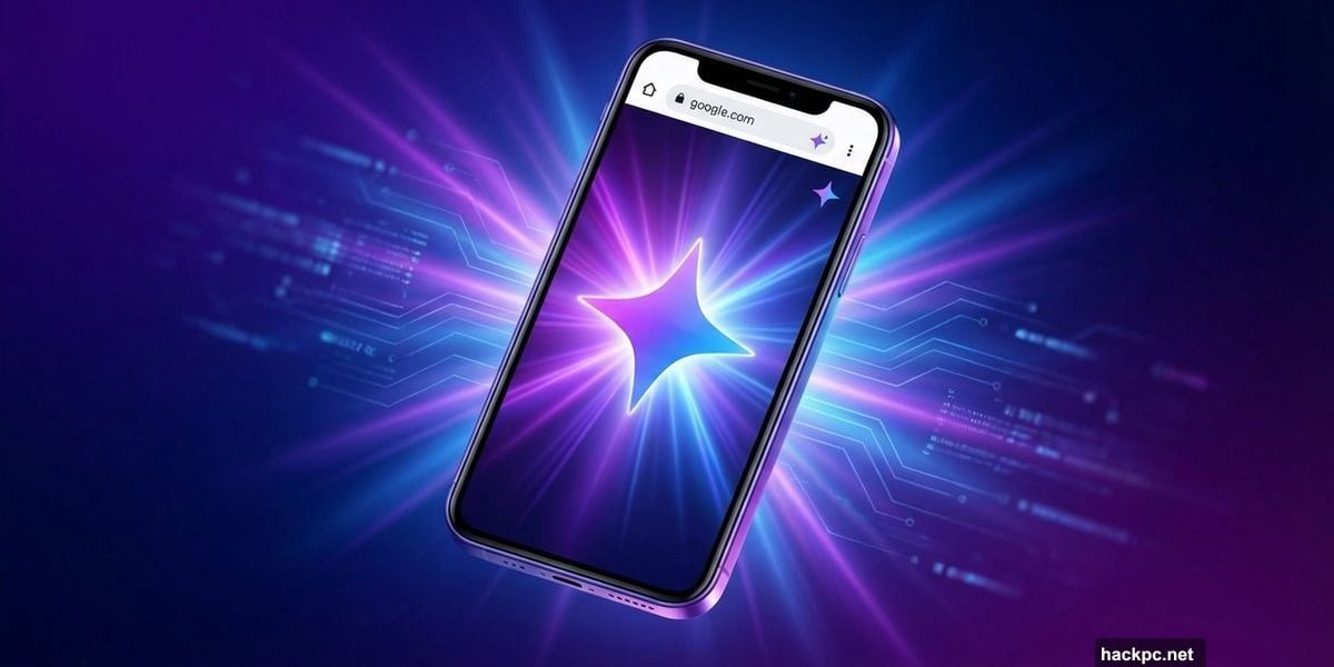 iPhone displaying Chrome browser with glowing Google Gemini AI spark icon