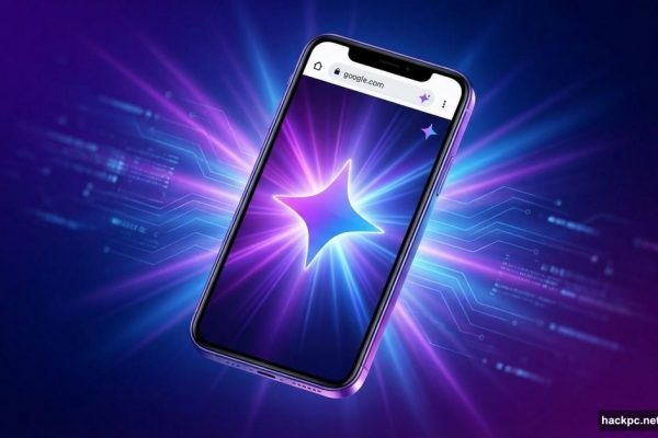 iPhone displaying Chrome browser with glowing Google Gemini AI spark icon