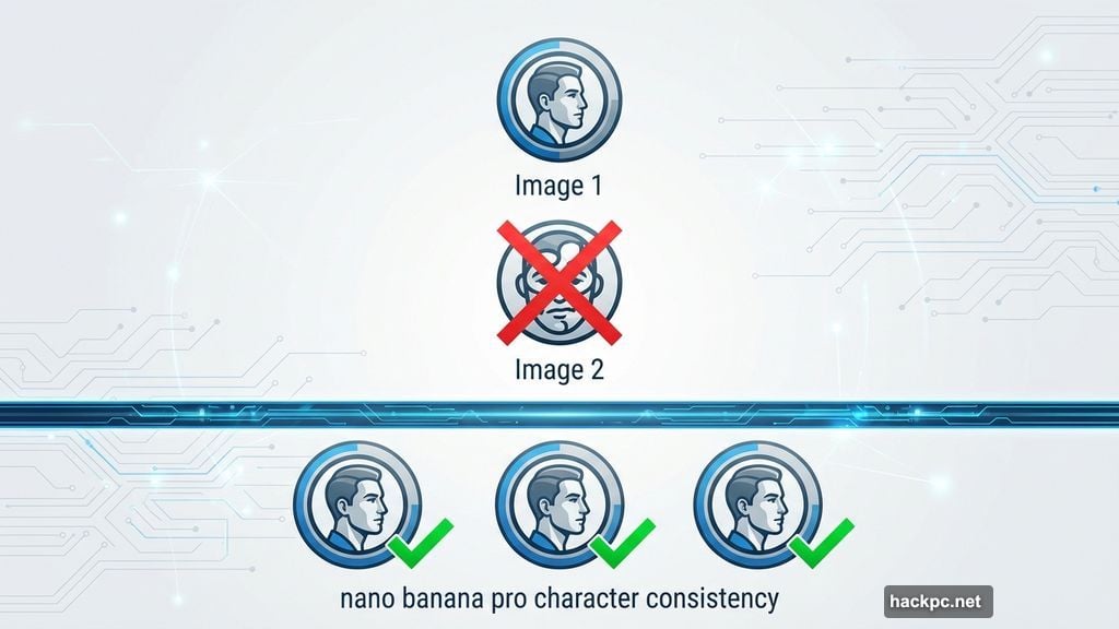 Character consistency means AI-generated person looks same across multiple images