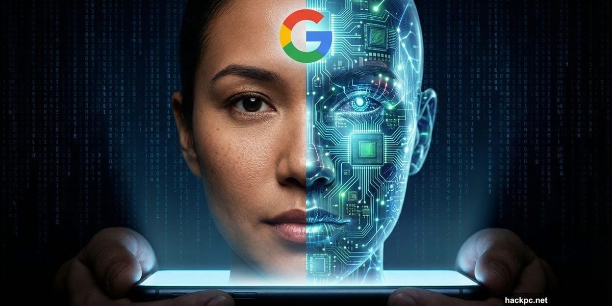 Human face split between photograph and AI circuitry revealing fake image technology