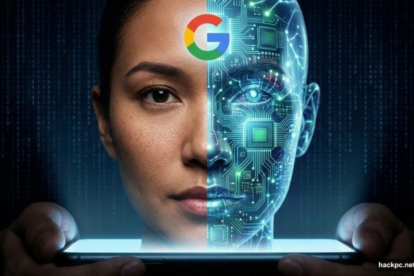 Human face split between photograph and AI circuitry revealing fake image technology