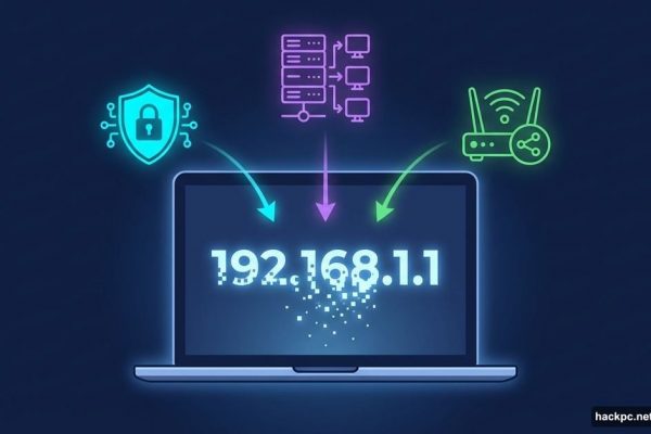 Laptop with dissolving IP address and VPN, proxy, router icons