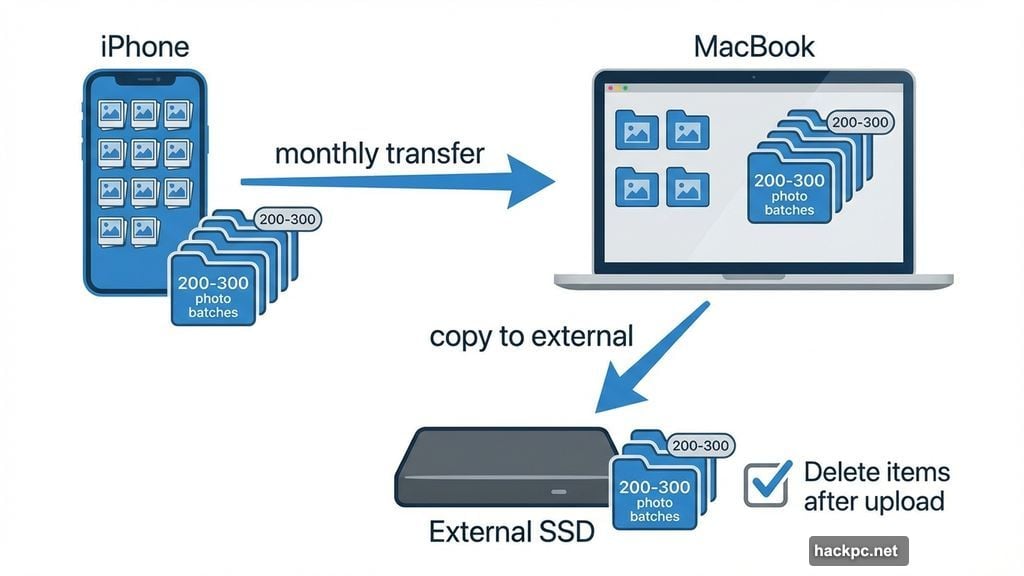Monthly backup routine transfers photos from iPhone to MacBook to external SSD