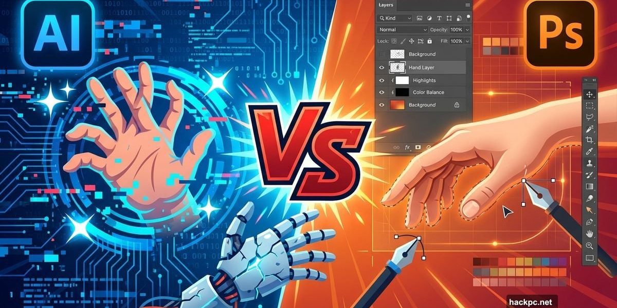 AI generated distorted hand versus Photoshop precise editing tools comparison