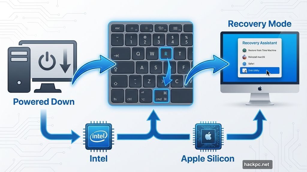 Recovery Mode boot process for Intel and Apple Silicon Macs