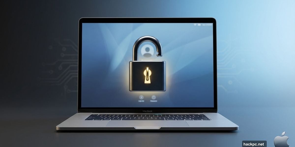 MacBook with unlocked padlock and key showing password recovery solution