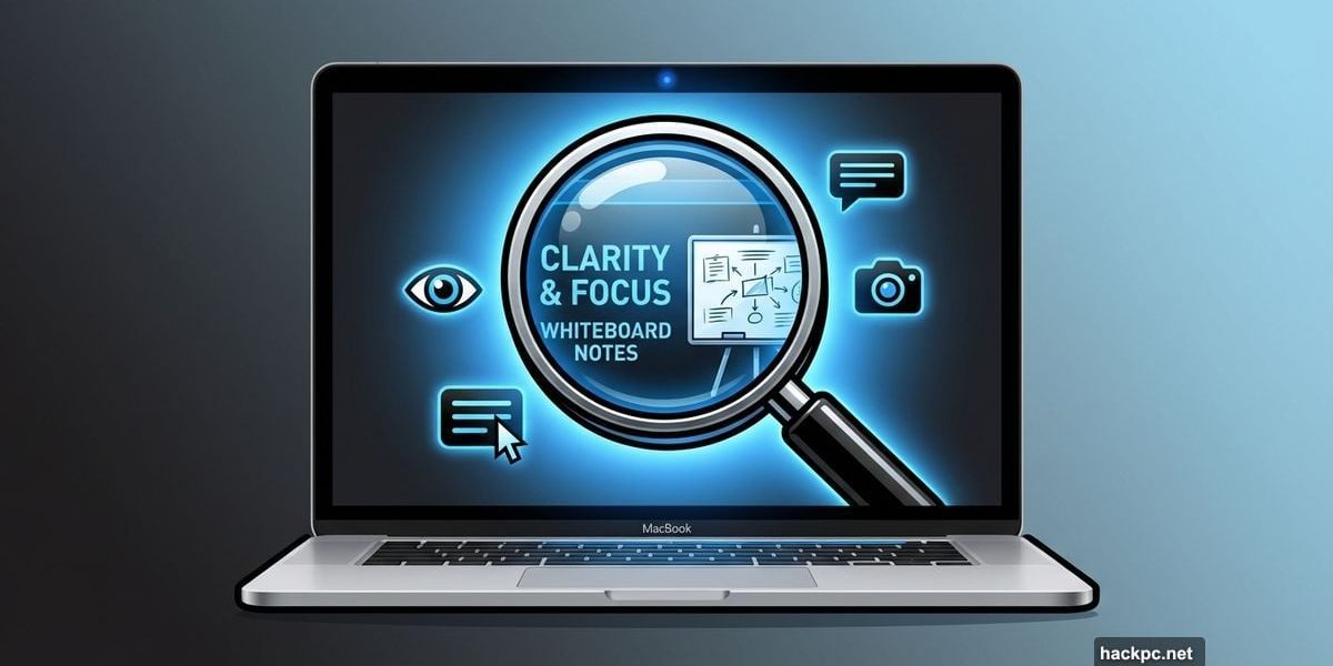 MacBook with magnifying glass revealing enlarged text through webcam feature