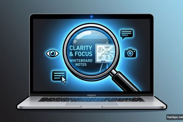 MacBook with magnifying glass revealing enlarged text through webcam feature