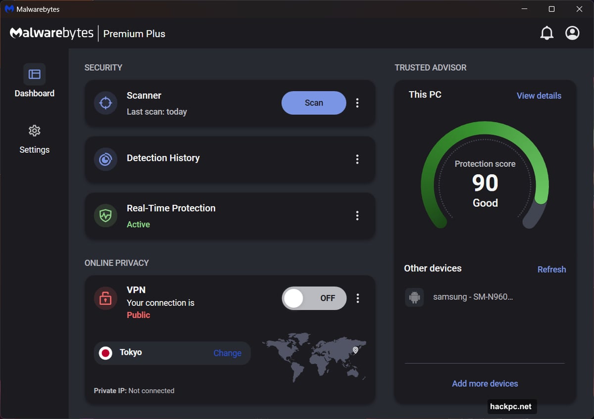 Malwarebytes dashboard splits into three sections with clean interface