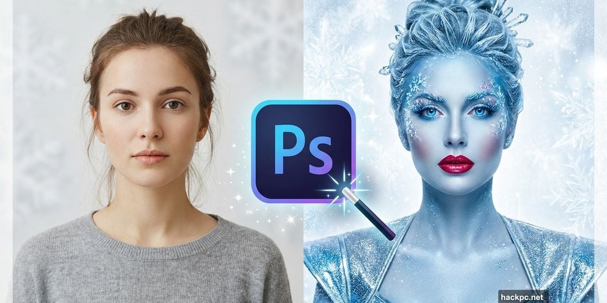 Before and after portrait transformation using Adobe Photoshop winter effects