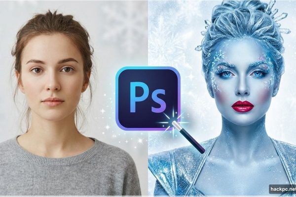 Before and after portrait transformation using Adobe Photoshop winter effects