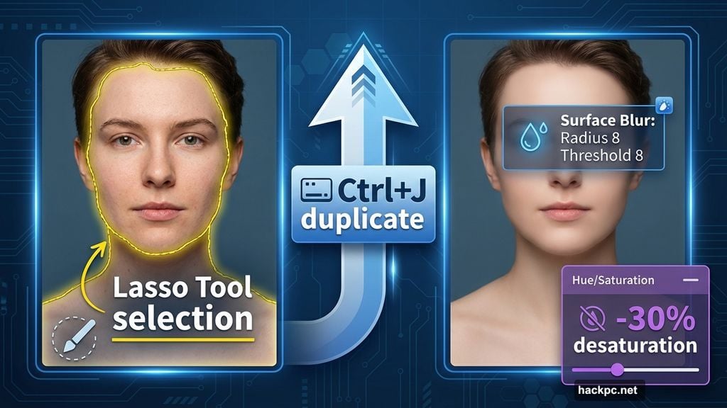 Skin retouching workflow using Surface Blur and desaturation techniques
