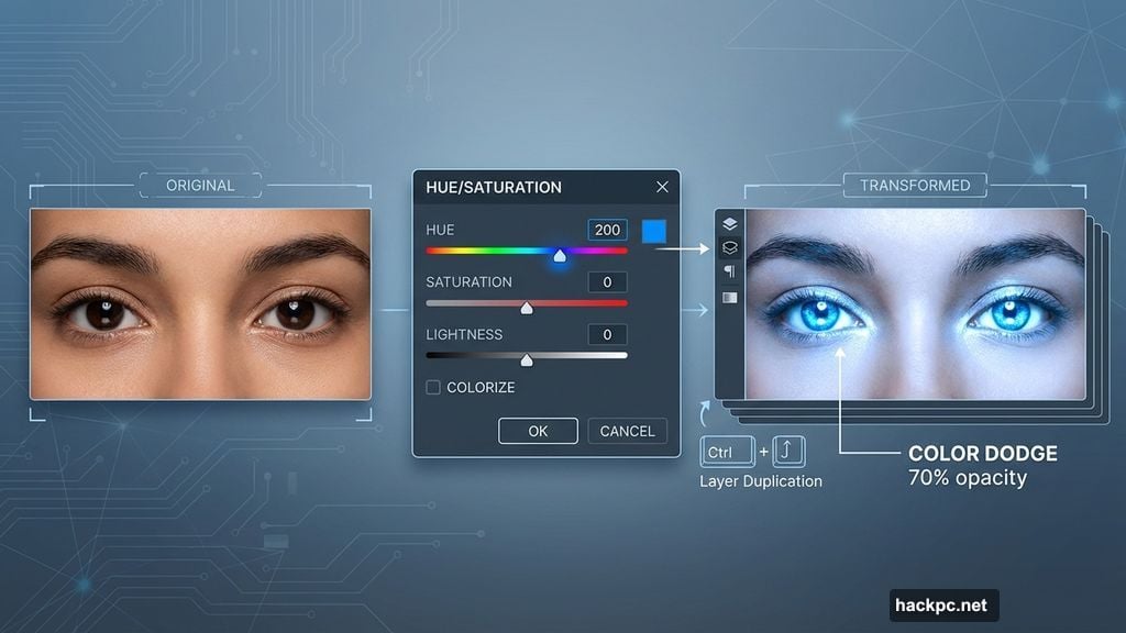 Transforming eye color dramatically using Hue slider and Color Dodge