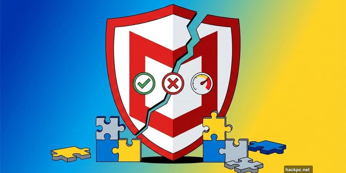 Cracked McAfee shield with mixed performance indicators showing inconsistent protection