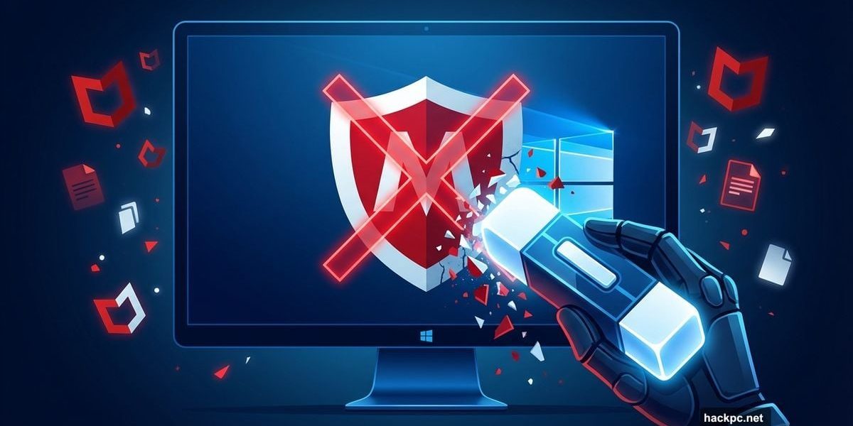 Person using eraser tool to remove stubborn McAfee antivirus from Windows PC