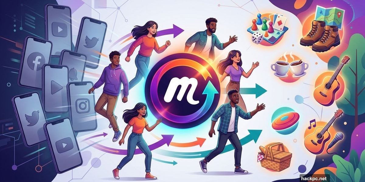 Gen Z walking from phone screens toward Meetup real-world activities