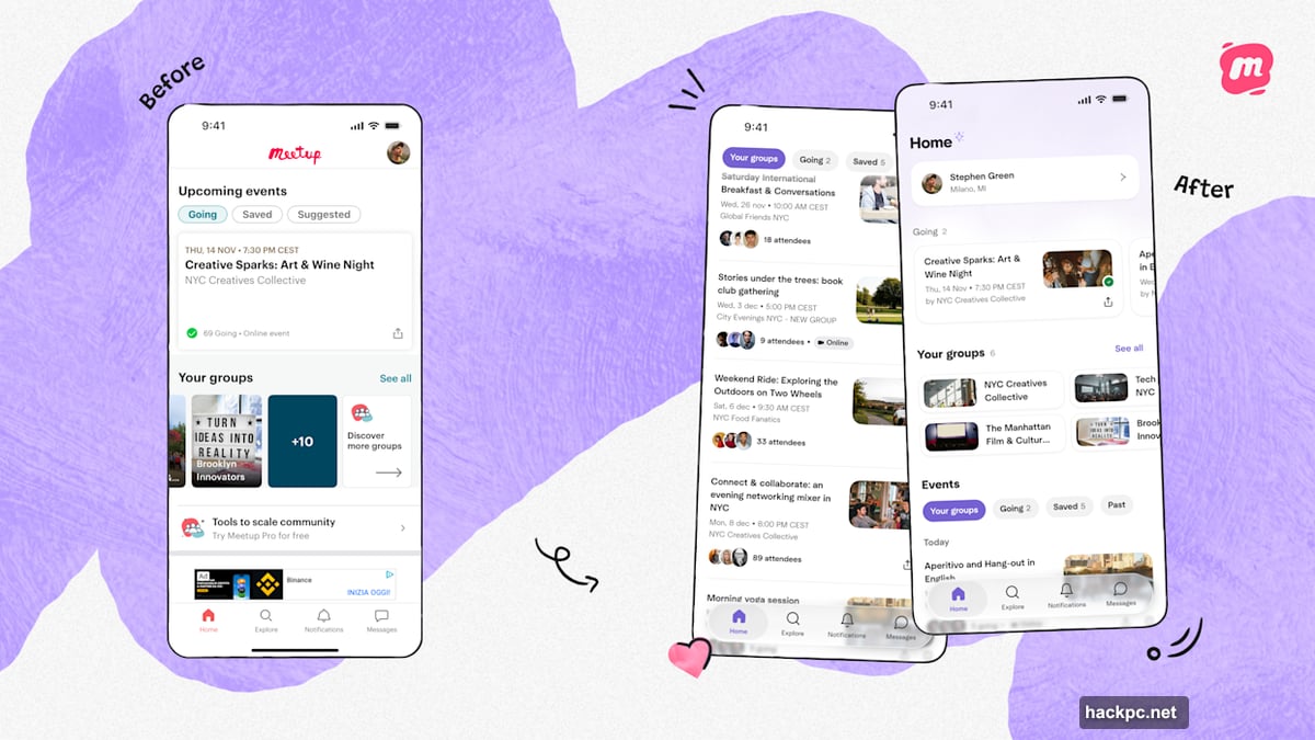 Meetup mobile redesign with cleaner fonts and better spacing