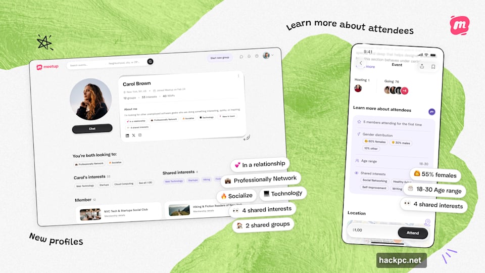 Event pages show gender and age breakdowns of attendees