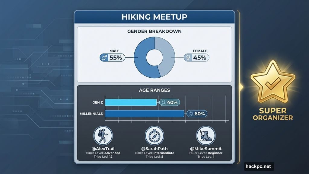 Event pages show gender and age breakdowns of attendees